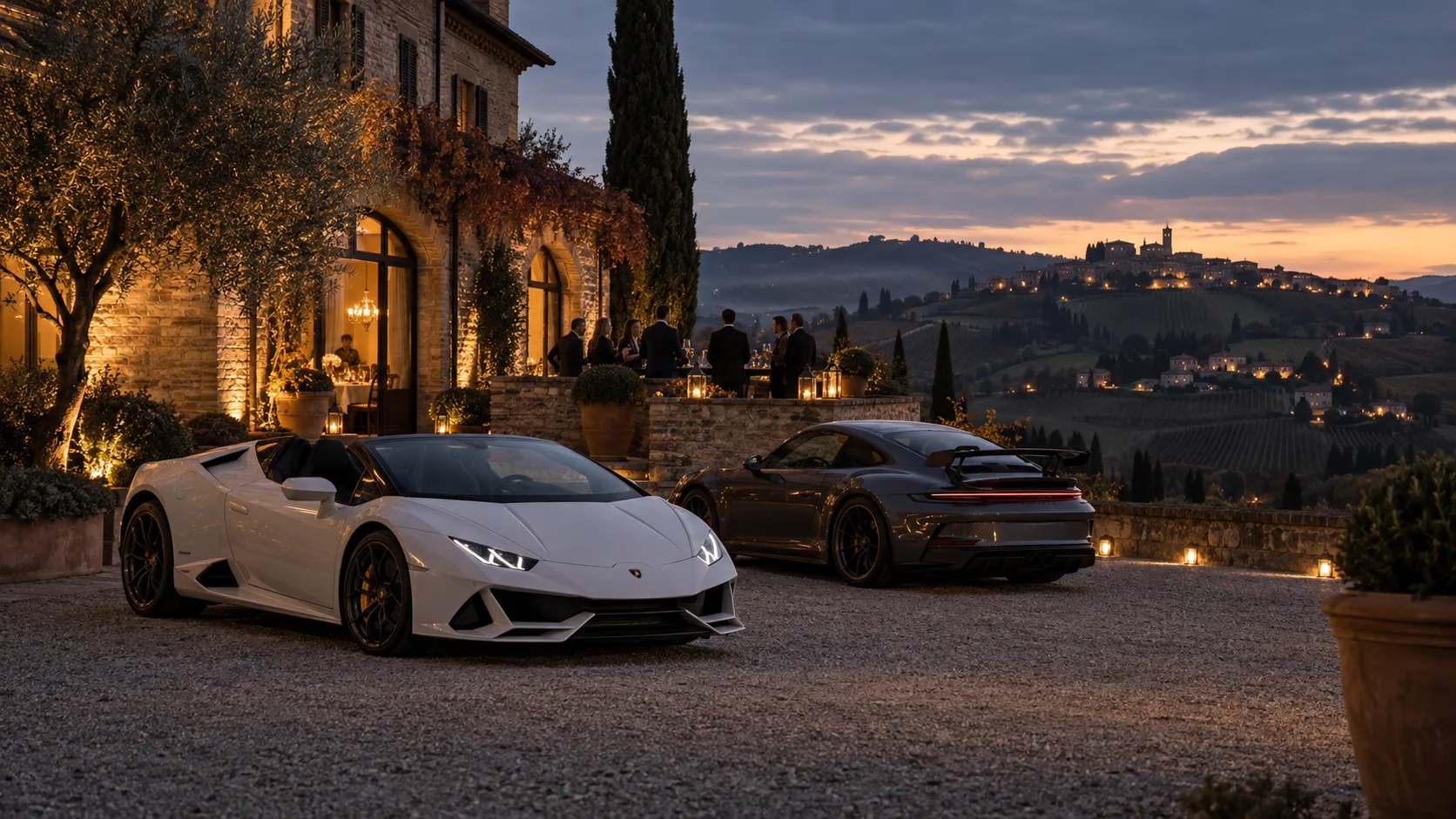 Guests talking at a Langhe estate at sunset; illustrative visual