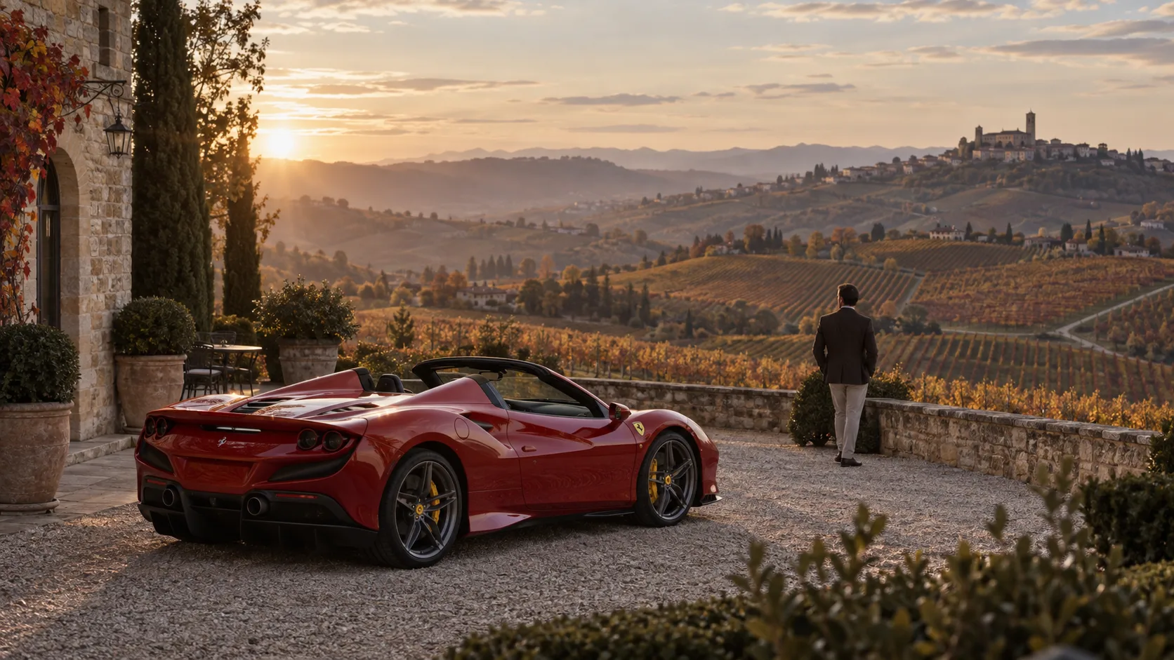 Red Ferrari F8 in a panoramic courtyard in the Langhe; illustrative visual