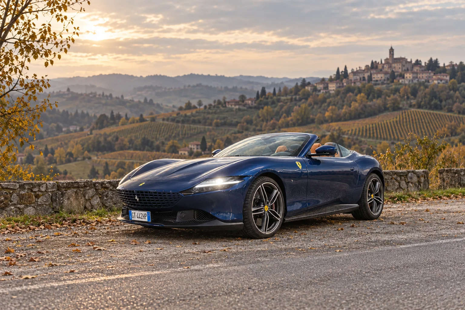 Blue Ferrari Roma Spider on a road in Monferrato with visible registration plate; illustrative visual