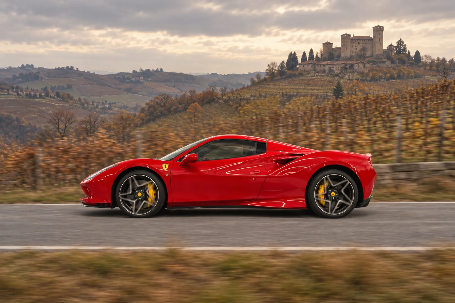 Red Ferrari F8 seen from the side by Langhe vineyards; illustrative visual