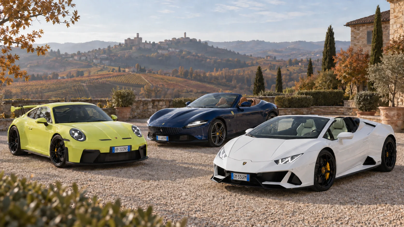 Porsche 911 GT3, Ferrari Roma Spider and Lamborghini Huracán gathered in a Langhe courtyard; illustrative visual based on Rial cars