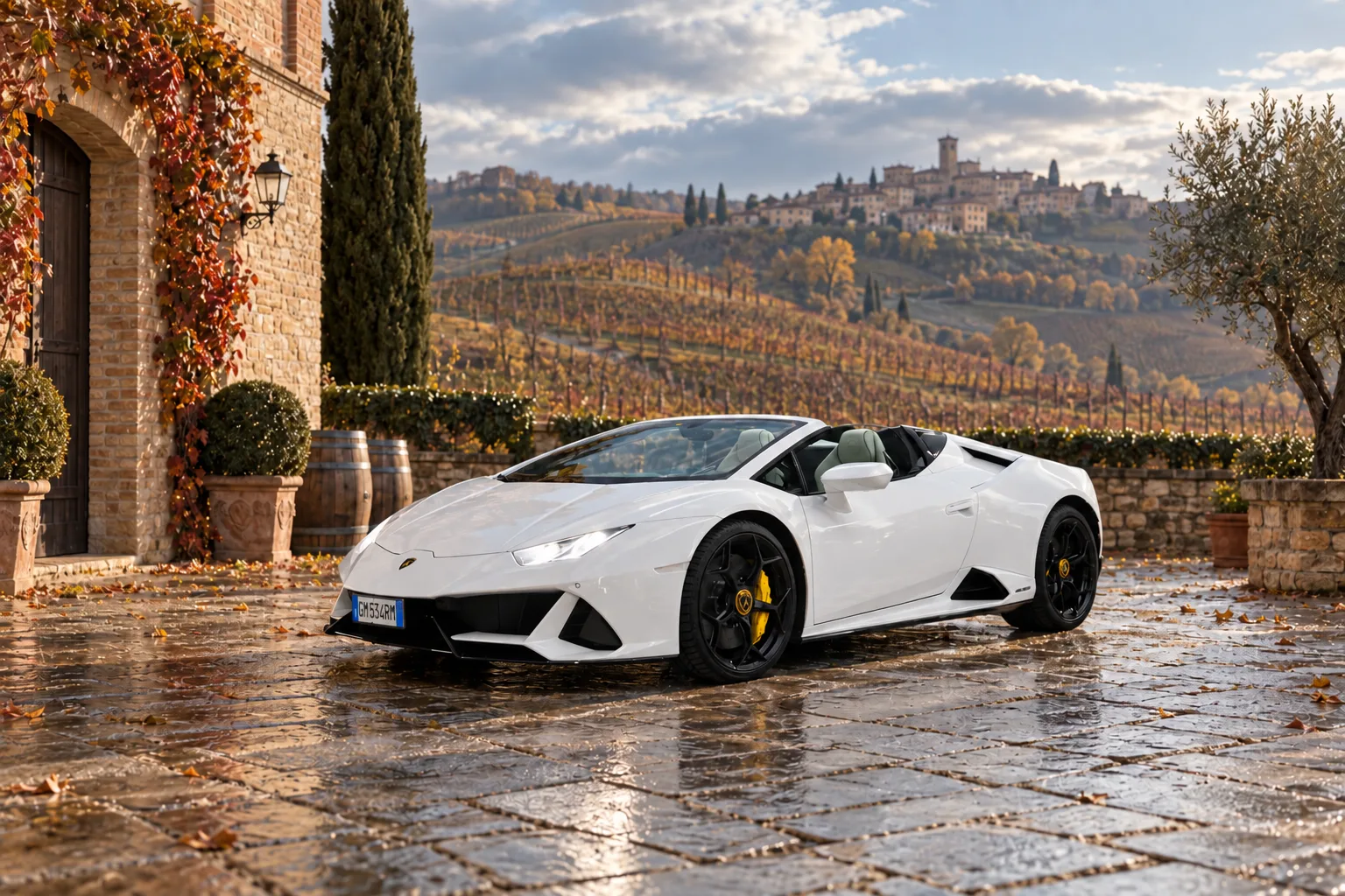 Lamborghini Huracán before the hills of Barolo; illustrative visual