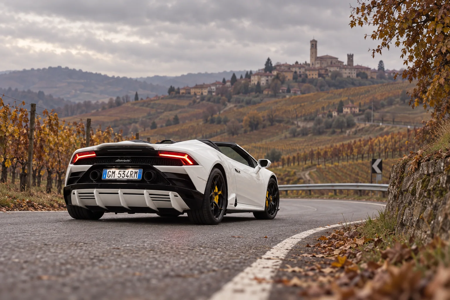 White Lamborghini Huracán seen from behind on a road near Barolo, with visible Rial registration plate; illustrative visual