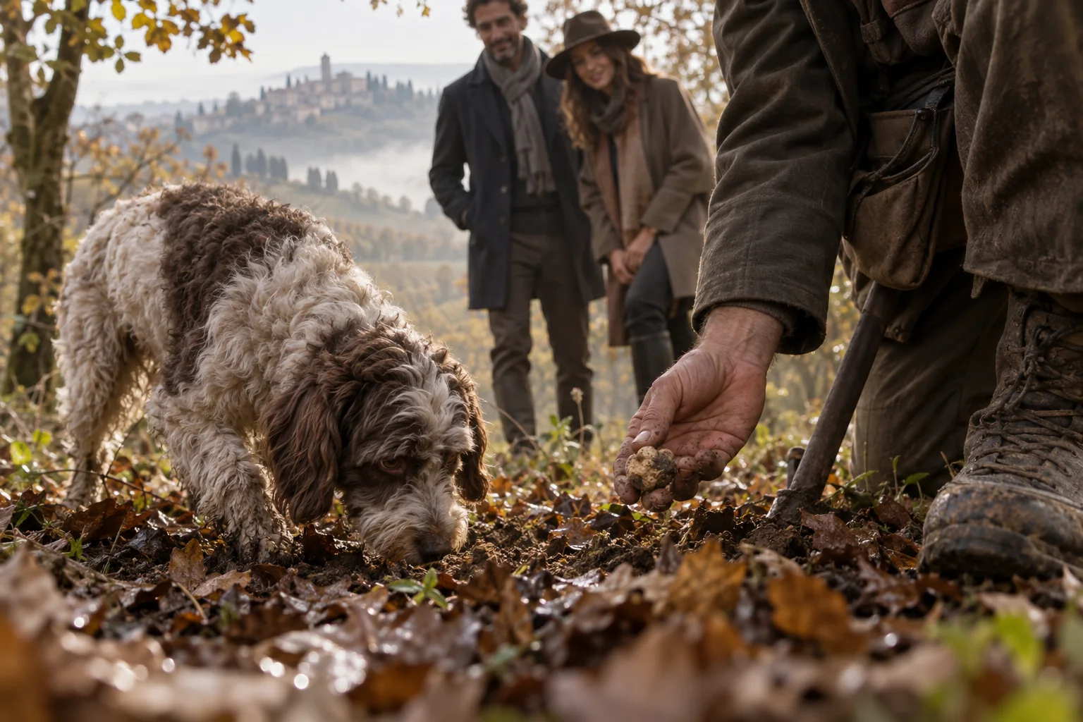 Searching for white truffles in the woods of the Langhe; illustrative visual